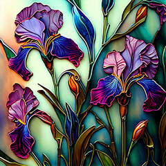 Irises in Art Nouveau style. Imitation of an old stained glass window