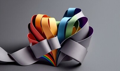  a bunch of different colored ribbons on a gray surface with a white ribbon around it and a gray background with a white border around the edges.  generative ai