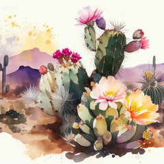 Beautiful watercolor vintage cactuses, succulents, cacti with pink, white and yellow flowers.
