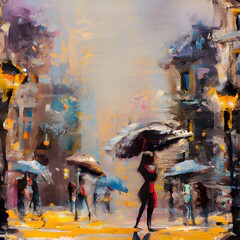 Ulica w deszczu. Ludzie z parasolami w deszczowy dzień w mieście. - obrazy, fototapety, plakaty
