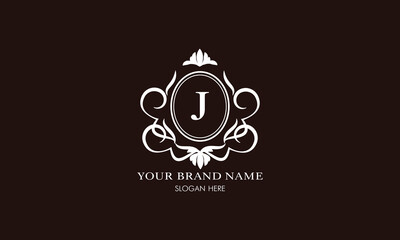 Vector illustration of letter J logo template. Classic floral monogram with decorative elements.