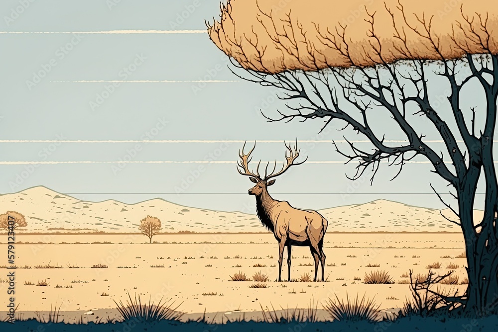Poster stunning image of an elk in the background of a leafless tree and a parched grassy meadow. generativ