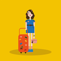 Vector illustration in the flat style of a cartoon girl in a blue skirt and T-shirt with a large travel suitcase. Icon, sticker. Yellow background,eps10