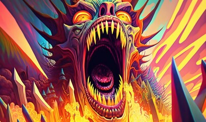  a painting of a monster with its mouth open and flames coming out of it's mouth, with the mouth of a demon in the foreground.  generative ai