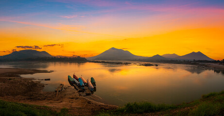 Beautiful view of the Mekong river in the morning,Kaeng Khut couple scenery, Chiang Khan, Thailand 