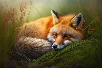 Fototapeta premium Red fox in the wild sleeping, generative AI