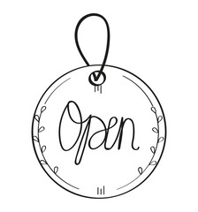 Obraz premium Open door tag vector hand drawn. Shop door badge illustration in doodle sketch style. Window open store