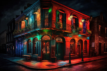 Fototapeta na wymiar Pubs and bars with neon lights in the French Quarter, New Orleans USA. Generative AI.