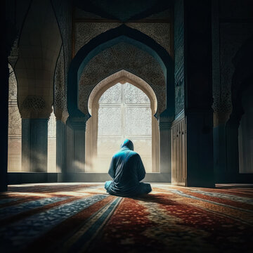 Generative AI illustration of praying man in mosque