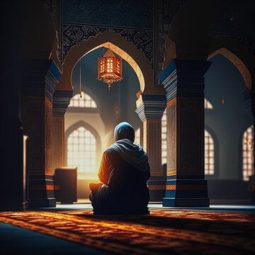 Generative AI illustration of praying man in mosque