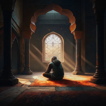Generative AI illustration of praying man in mosque