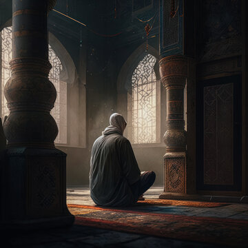 Generative AI illustration of praying man in mosque