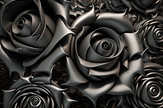 Steel black roses background. Modern decorative wrought iron elements of metal gates, metal flowers.
