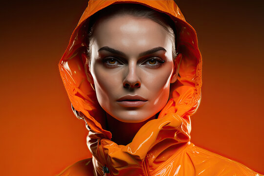 Generative AI illustration of female model wearing orange raincoat