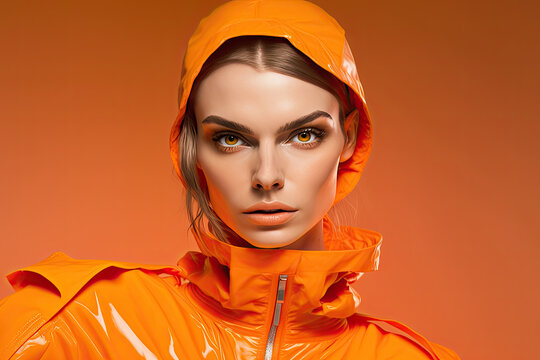 Generative AI illustration of female model wearing orange raincoat