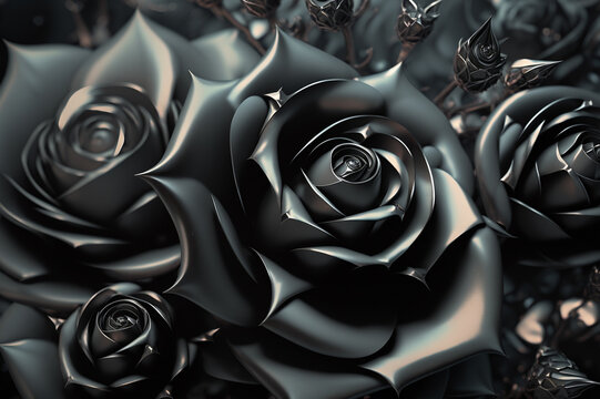 Steel black roses background. Modern decorative wrought iron elements of metal gates, metal flowers.