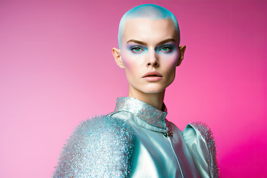 Generative AI illustration of trendy female model with blue short hair