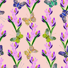 Crocus flowers and butterfly-insects seamless pattern.