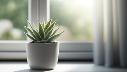 Cute potted plants in front of a window background