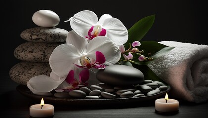 Spa background setting with orchid, towels and massage stones