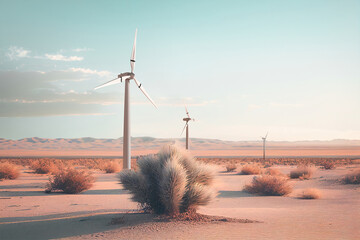 Windmills in a desert at sunset. Generative AI
