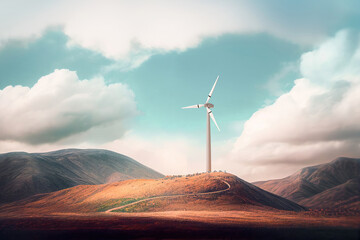 Windmill in a desert at sunset. Generative AI