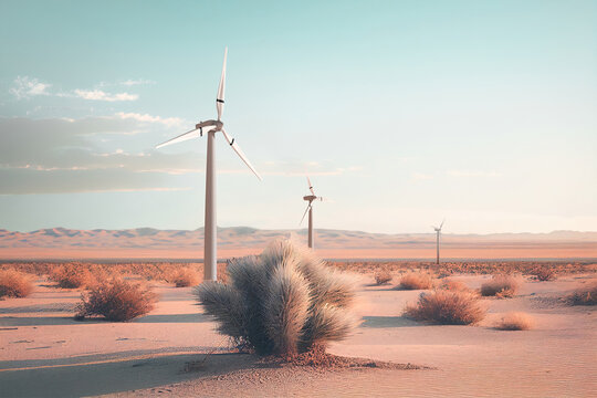 Windmills in a desert at sunset. Generative AI