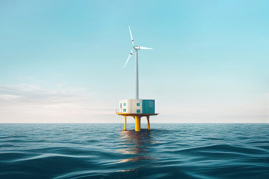 Windmill in the middle of the sea. Generative AI