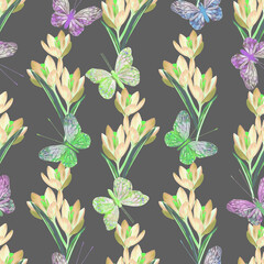 Crocus flowers and butterfly-insects seamless pattern.