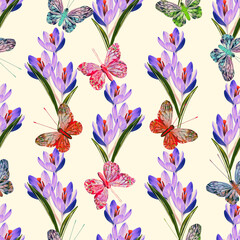 Crocus flowers and butterfly-insects seamless pattern.