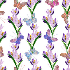 Crocus flowers and butterfly-insects seamless pattern.
