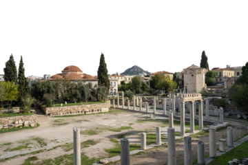 A view of the roman Agora, built by the Romans between 19 and 11 BC. with columns and octagonal tower with a transparent background