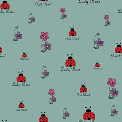Fototapeta premium seamless repeat pattern with cute red ladybug and colorful pink and purple floral elements on a deep turquoise perfect for fabric, scrap booking, wallpaper, gift wrap projects 