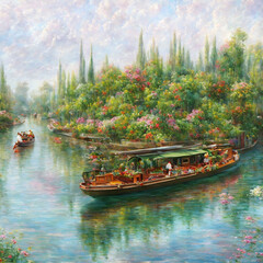 Obraz premium Ferry In The Canal Generative AI Art