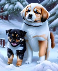 Two sweet adorable dog puppies outdoors in snow, ai generated illustration