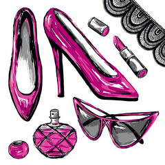 Zestaw modnych kobiecych akcesoriów. Szpilki, perfumy, okulary przeciwsłoneczne, szminka, koronki. Różowe czółenka, flakon perfum, szminka, czarna koronka. Rysunek odręczny, ilustracja wektorowa. © Olga