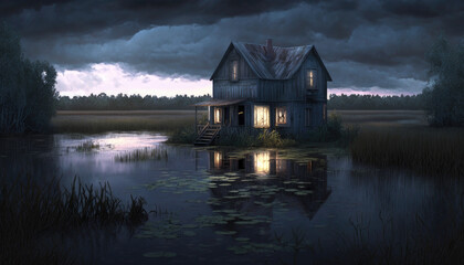 Obraz premium An old abandoned house in a swamp, created with Generative AI technology.