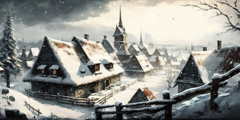 An old medieval northern town, wooden houses with high roofs that are covered with snow, created with Generative AI technology.