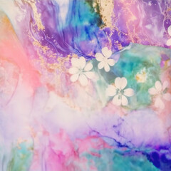 Experimental floral ink texture  with gold and pink purple fluid surface, generative AI abstract backdrop