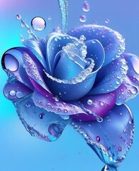 Light blue purple rose with water drops, splashes and frost