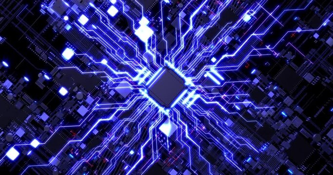 Circuit Board CPU Processor. Electrical Data And Signals Flowing. Computer And Technology Related 4K 3D CG Animation.