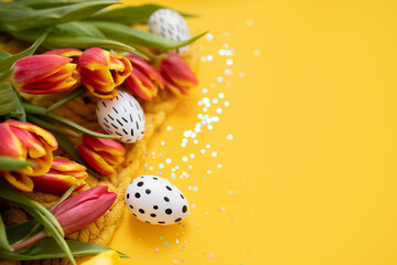 beautiful easter layout with tulips and painted eggs on bright yellow background. top view. copy space. flat lay