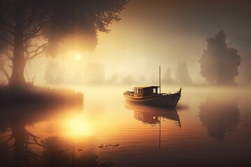 Fog on lake, a lonely boat near the shore at evening sunset.