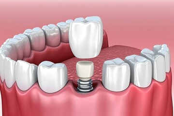 3d render of jaw in process of dental crown restoration, dental implant