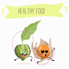Illustration with funny characters tomatillo, tomato, physalis, uvilla, phisalis, uchuva, phisalys, 
ground cherry,   Funny and healthy food. Vitamins, cute face food, ingredients, vegetarian, vector 