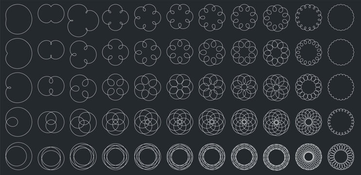 Set of Vector Mathematical Roulette Curve Structure Set - Abstract Generative Cardioid Art Elements  
