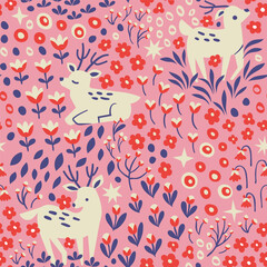 Cute vector seamless pattern with deer and floral elements. Cartoon beautiful background.