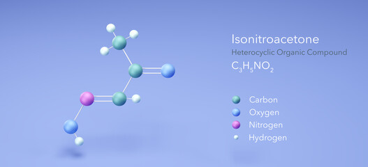 isonitroacetone molecule, molecular structures, heterocyclic organic compound, 3d model, Structural Chemical Formula and Atoms with Color Coding