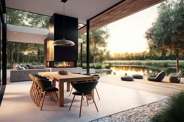 Modern Outdoor Patio with a Dining Set, Fire Pit, and View of the Water and Trees.