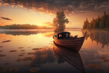 A lonely boat near the shore of a beautiful lake at evening sunset.